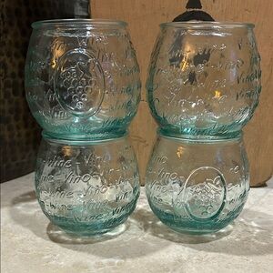 San Miguel 13.5 Oz Stemless Wine Glasses Recycled Glass Embossed w/ Grape & Wine